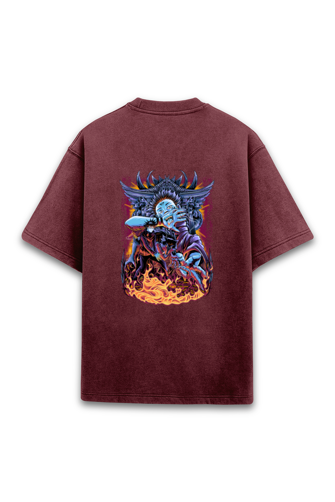 Hell Fire Characters Back Printed Acid Wash Oversized T-Shirt