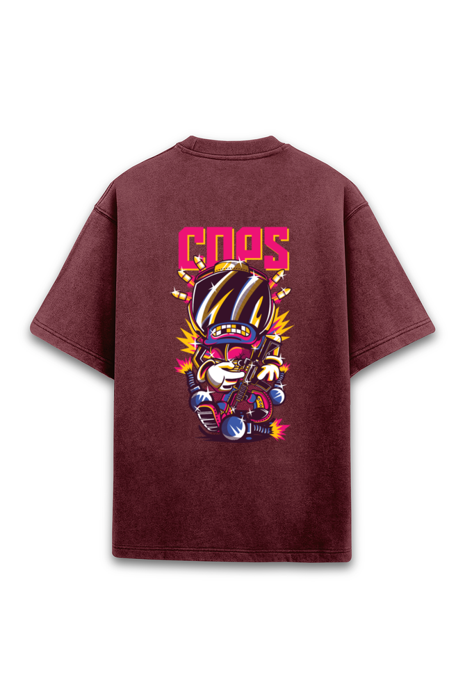 Cops Cartoon Character Back Printed Acid Wash Oversized T-Shirt