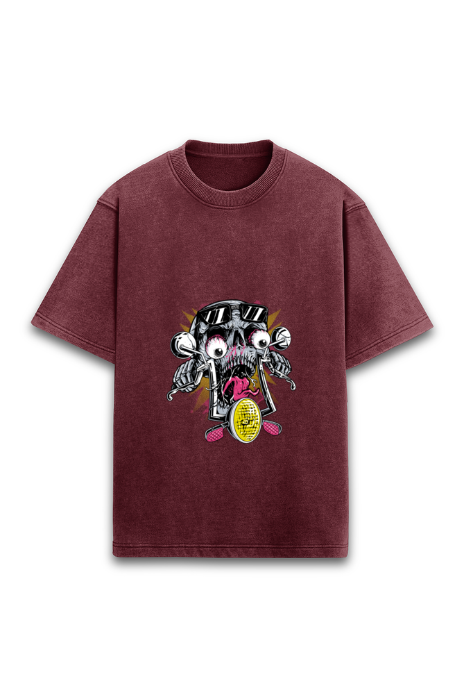 Cartoon Rider Front Printed Acid Wash Oversized T-Shirt