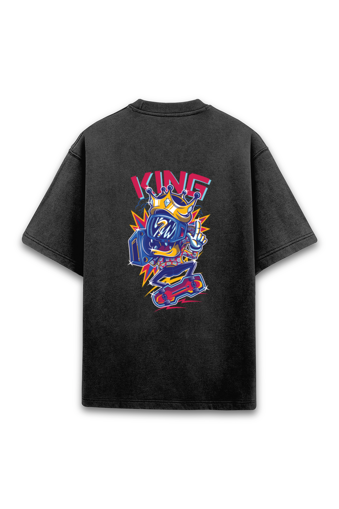 King Skater Back Printed Acid Wash Oversized T-Shirt