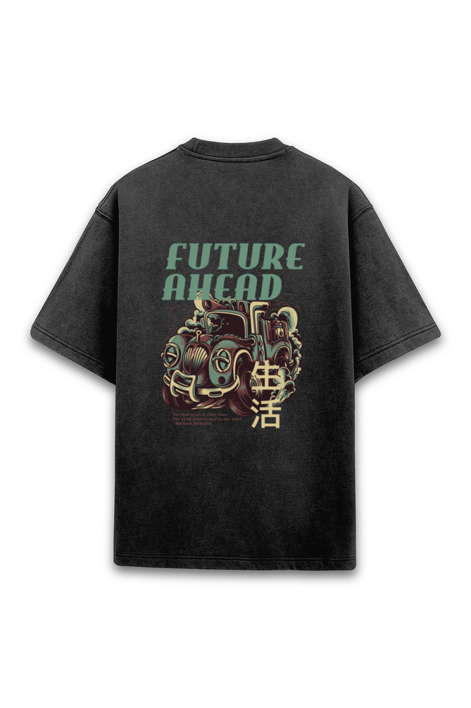 Future Ahead Retro Design Back Printed Acid Wash Oversized T-Shirt