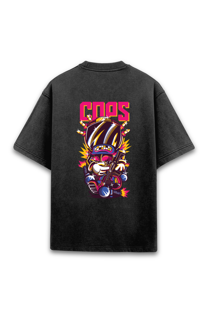 Cops Cartoon Character Back Printed Acid Wash Oversized T-Shirt