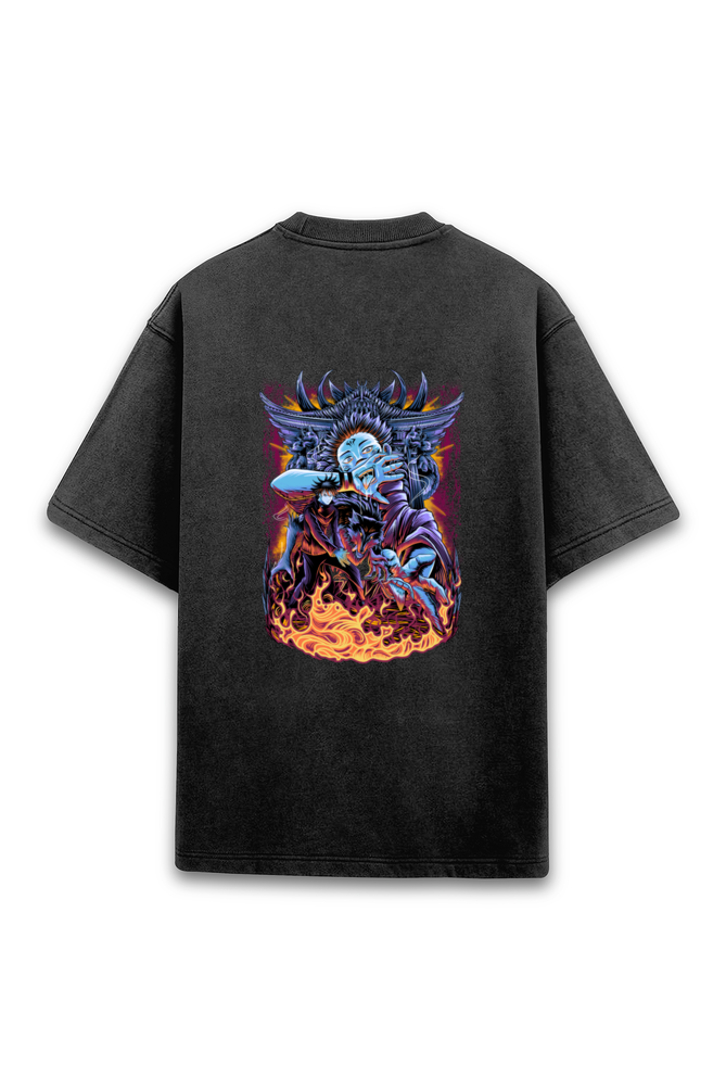 Hell Fire Characters Back Printed Acid Wash Oversized T-Shirt