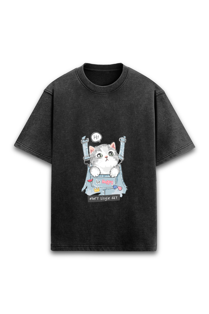 Be Happy Cat Front Printed Acid Wash Oversized T-Shirt