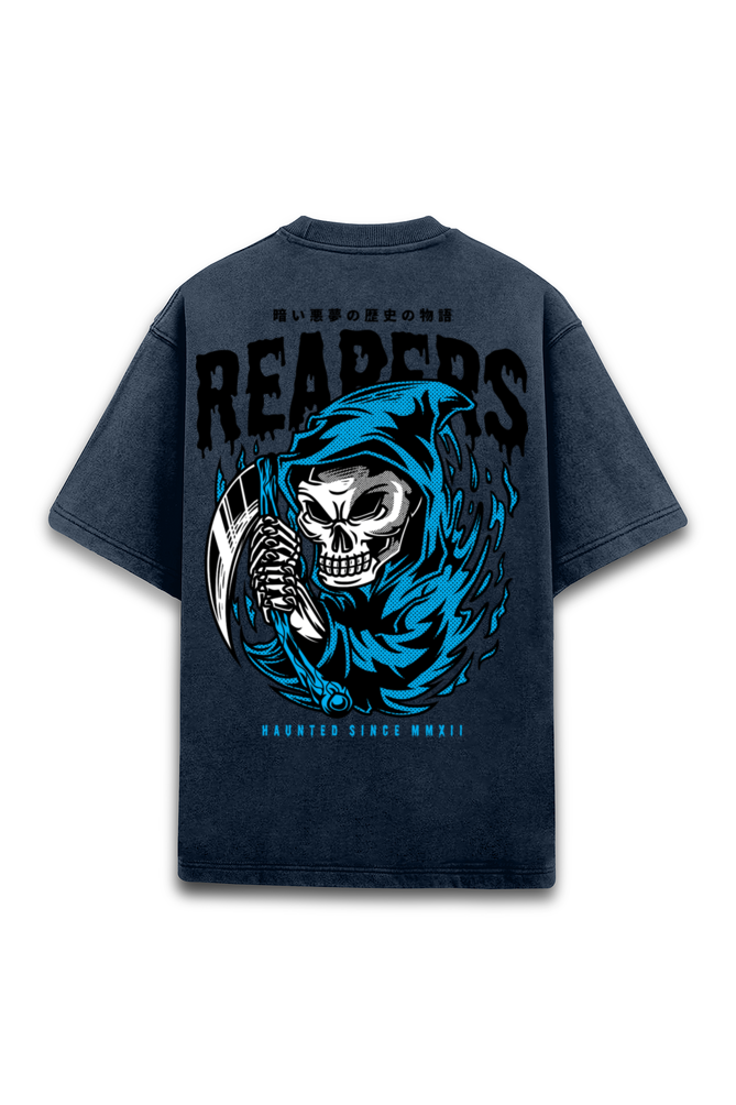 REARES Skull Demon Full Back Printed Acid Wash Printed Oversized T-Shirt - Navy Blue