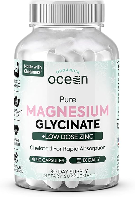 Organics Ocean Pure Magnesium Glycinate with Zinc – Maximum Strength Chelated Support for Sleep, Muscles &amp; Relaxation